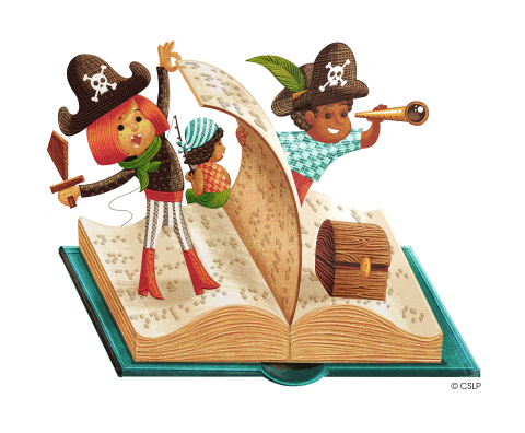 Illustration of two children dressed as pirates standing on an open book.