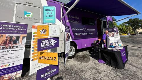 Photo of Alzheimers Brain Bus set up with table and flyer racks.