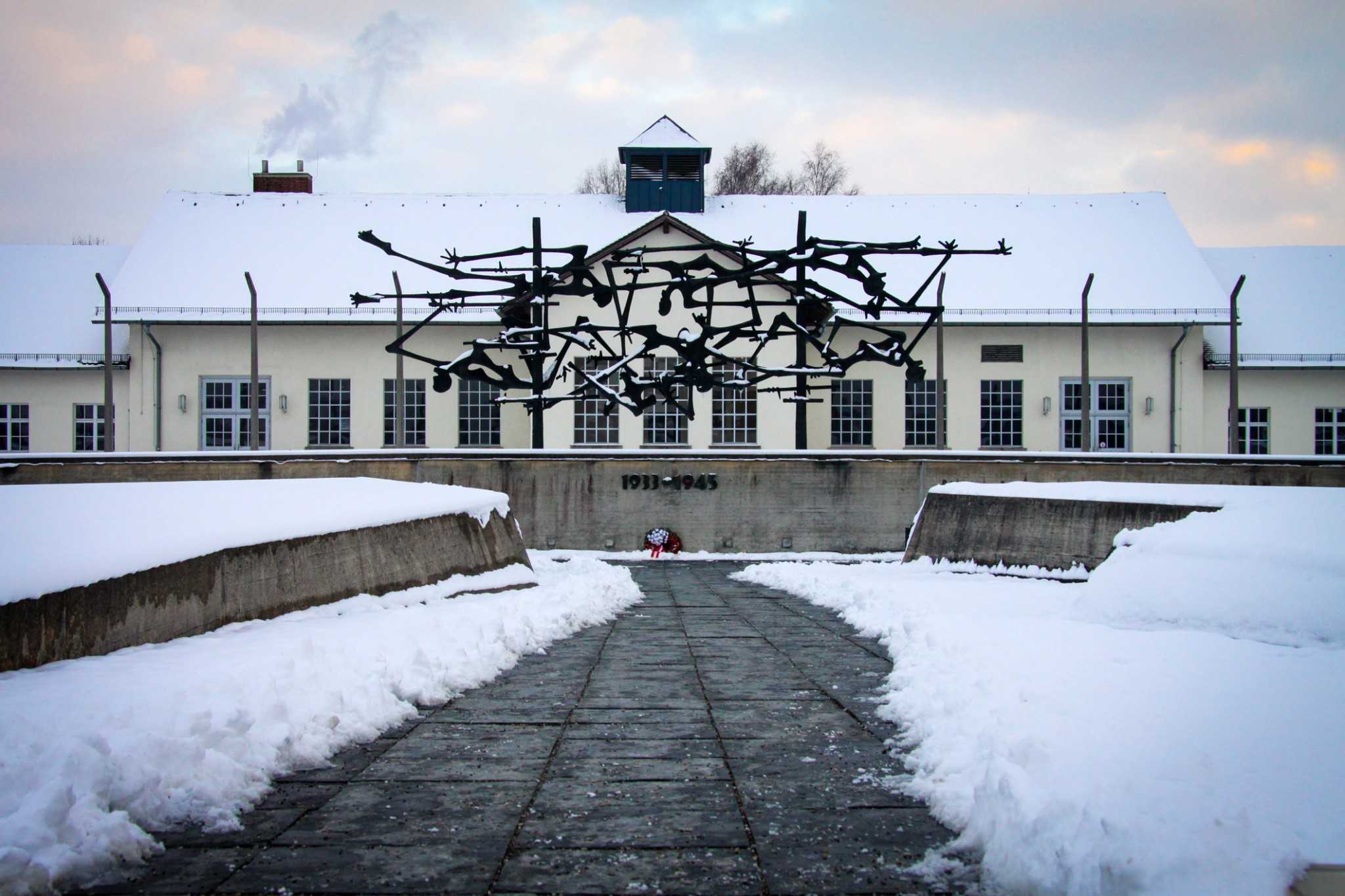 Dachau camp and sculpture.