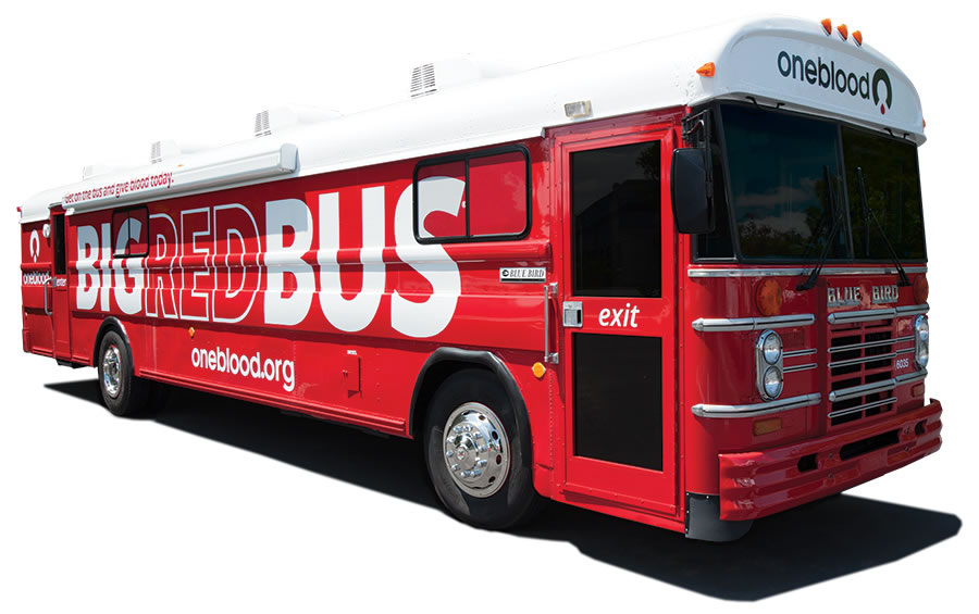 Photograph of a OneBlood Bloodmobile aka Big Red Bus.