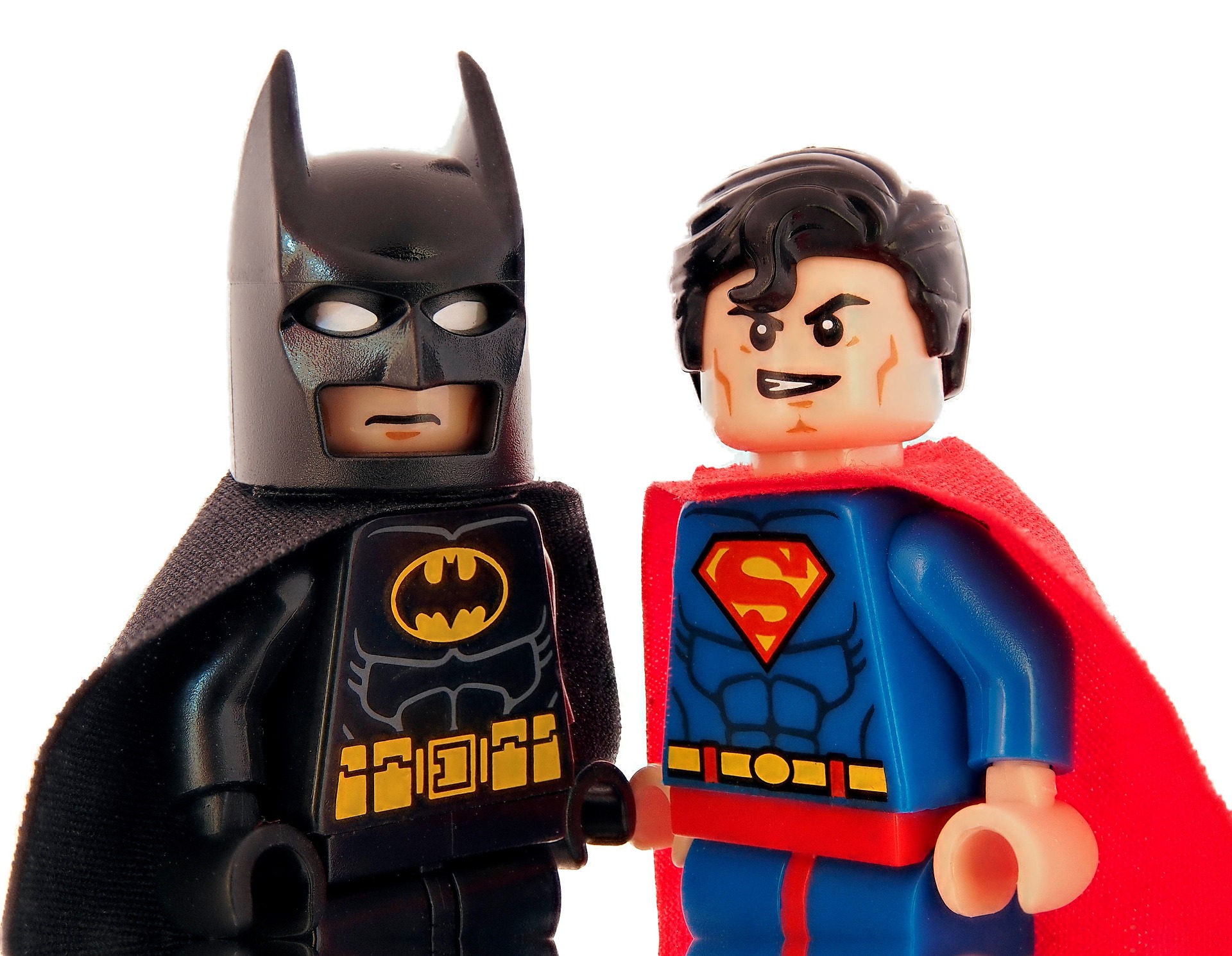LEGO Batman and Superman looking grim.