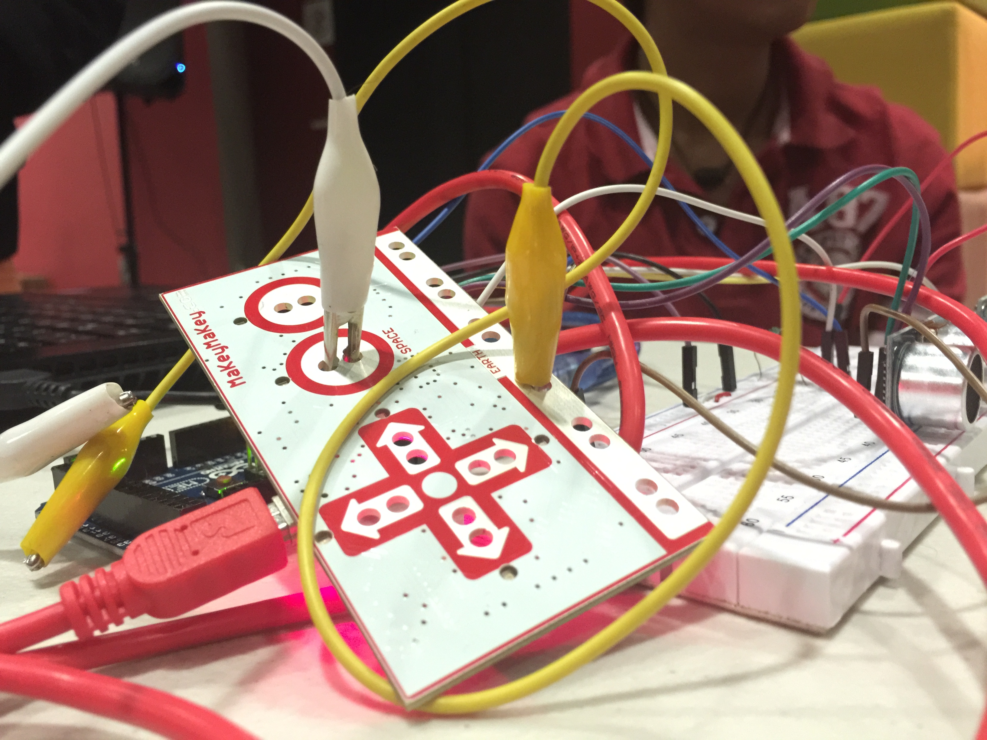 Wires coming out of a makey makey microcontroller