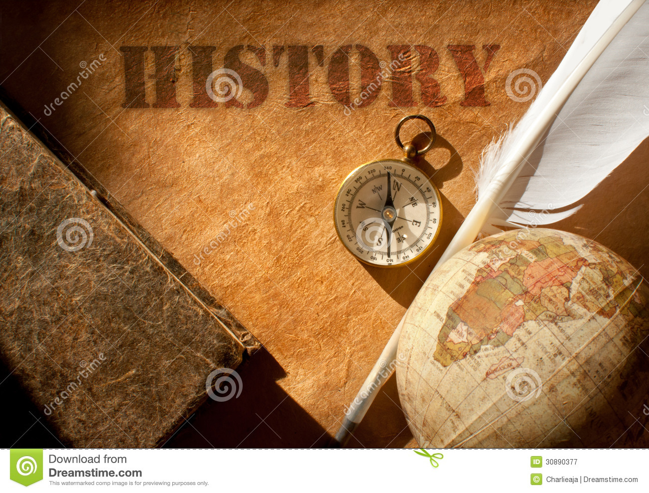 The word History etched on wood with paper scroll and compass