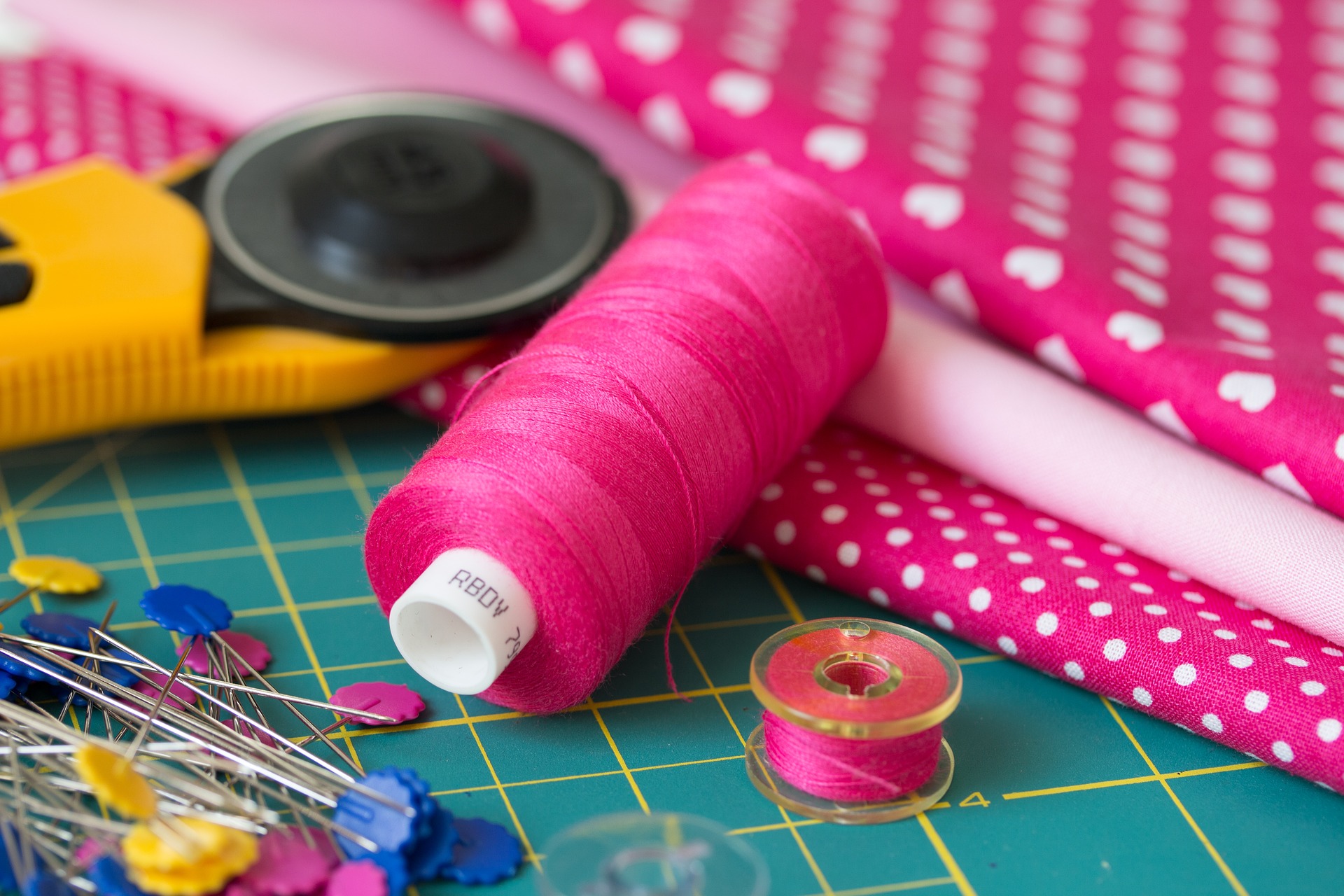 Fabric, thread and bobbins for sewing