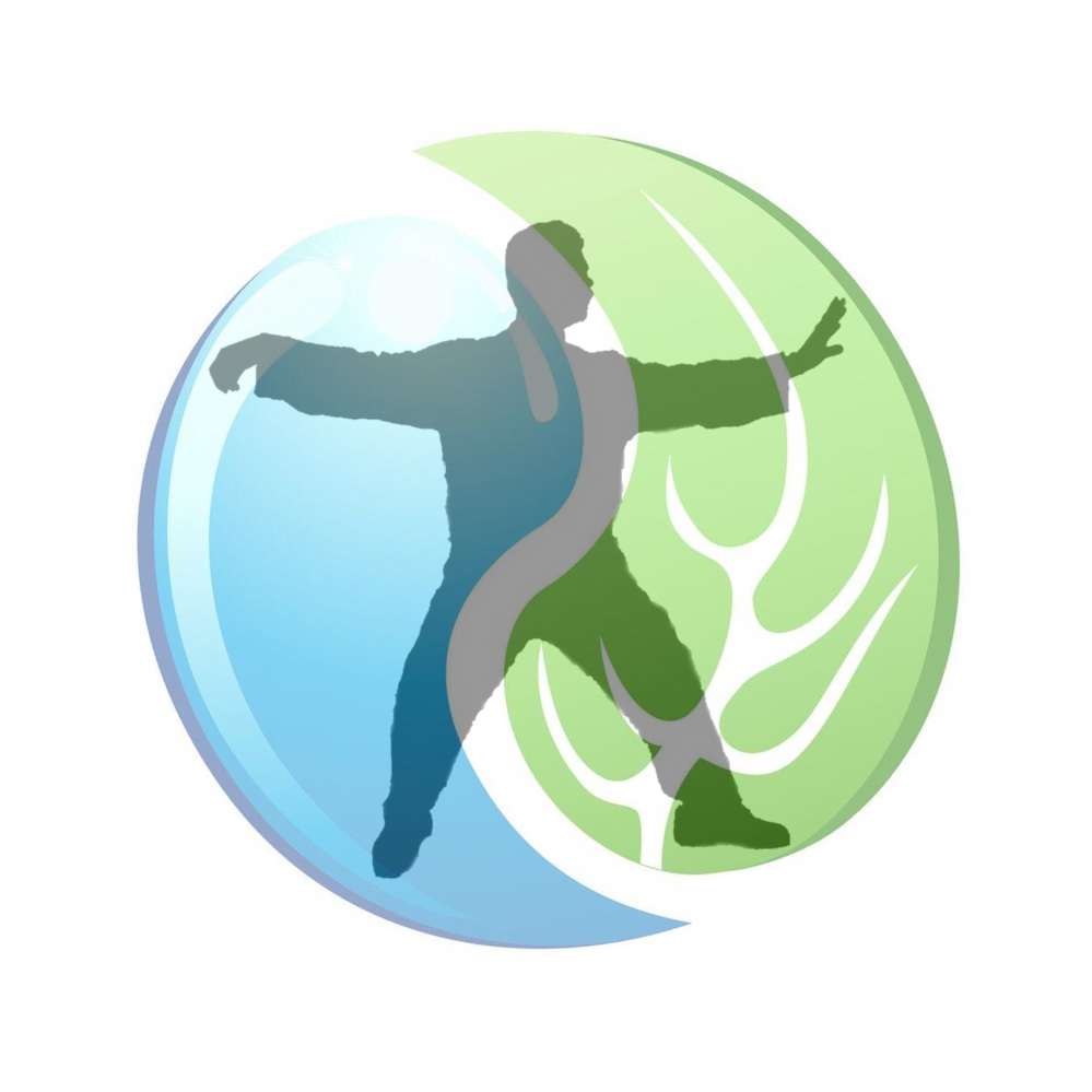 Tai Chi single whip pose inside a yin-yang circle of water and leaf to symbolize the balance of this martial art.