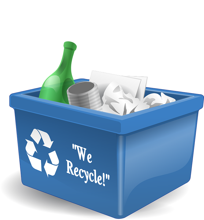 Blue recycle bin with recyclable materials inside