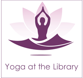 Yoga practitioner seated on lotus-style mat, with faded purple lotus flower in background as a silhouette, with the words "Yoga at the Library". 