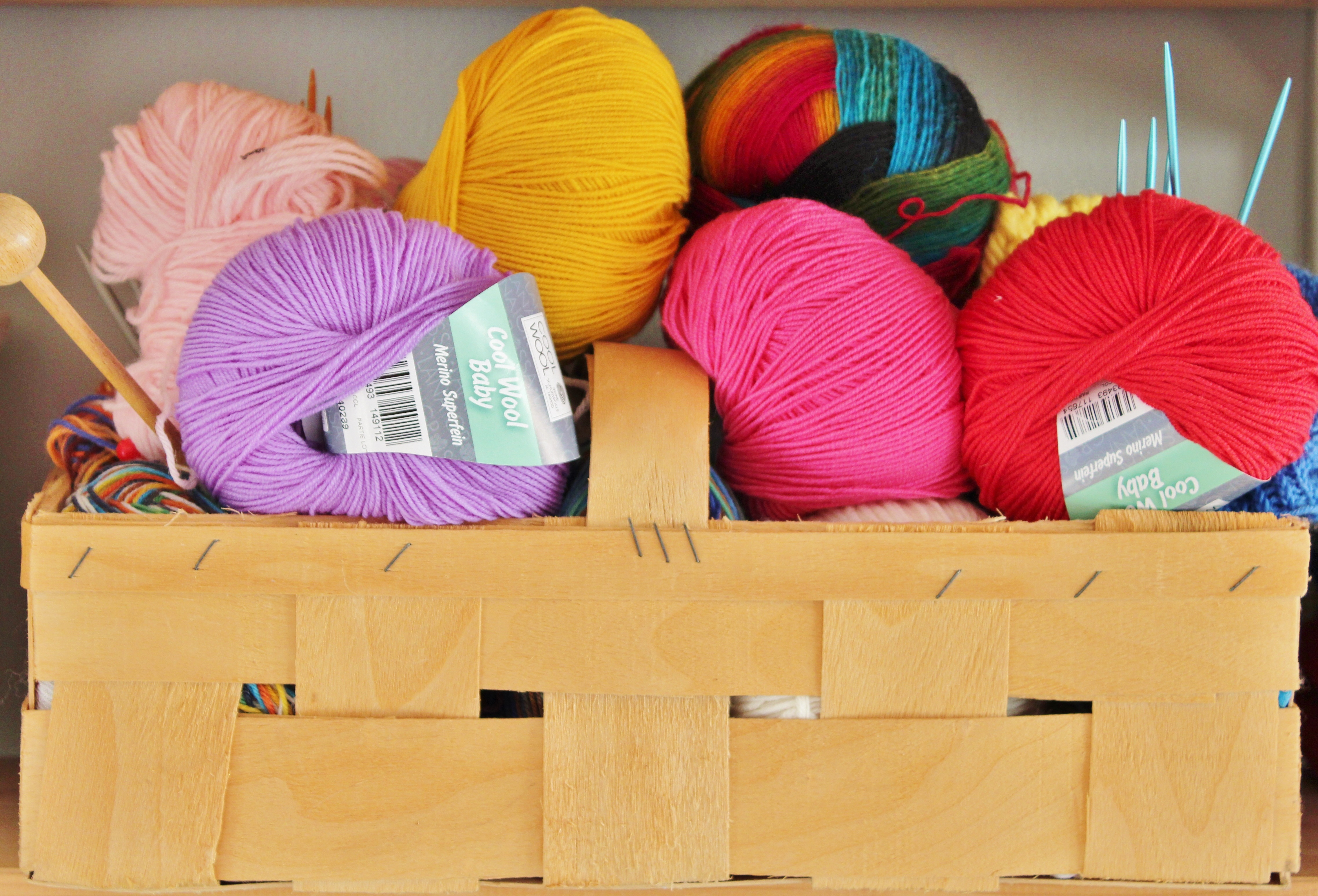 Basket of yarn balls and knitting needles