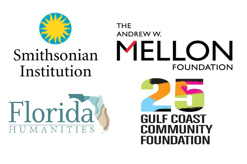 Smithsonian Institute Logo, The Andrew W. Mellon Foundation logo, Florida Humanities logo, Gulf Coast Community Foundation 25 years logo