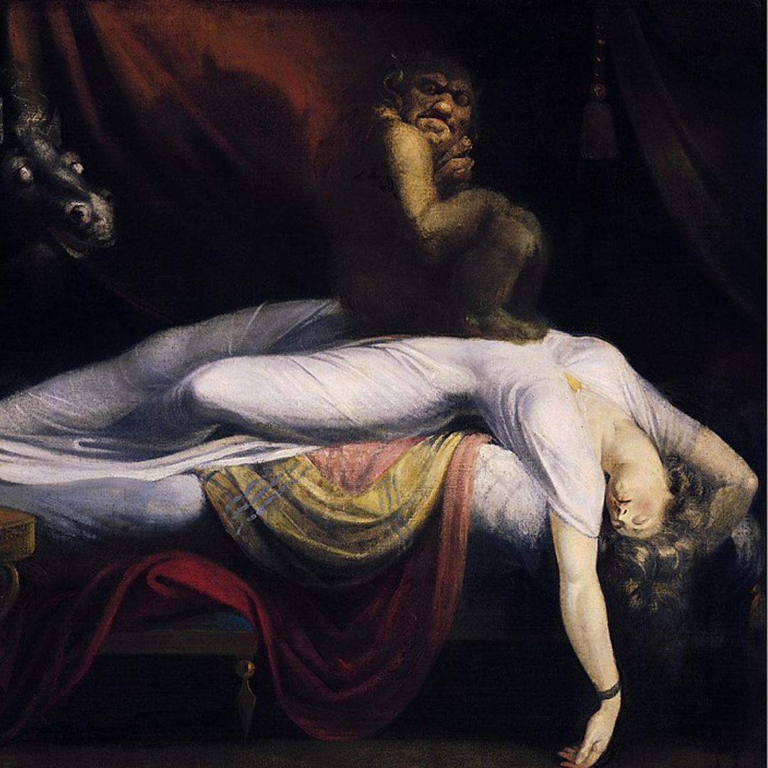 Fuseli's The Nightmare. Woman lying on bed with demon perched on chest. 