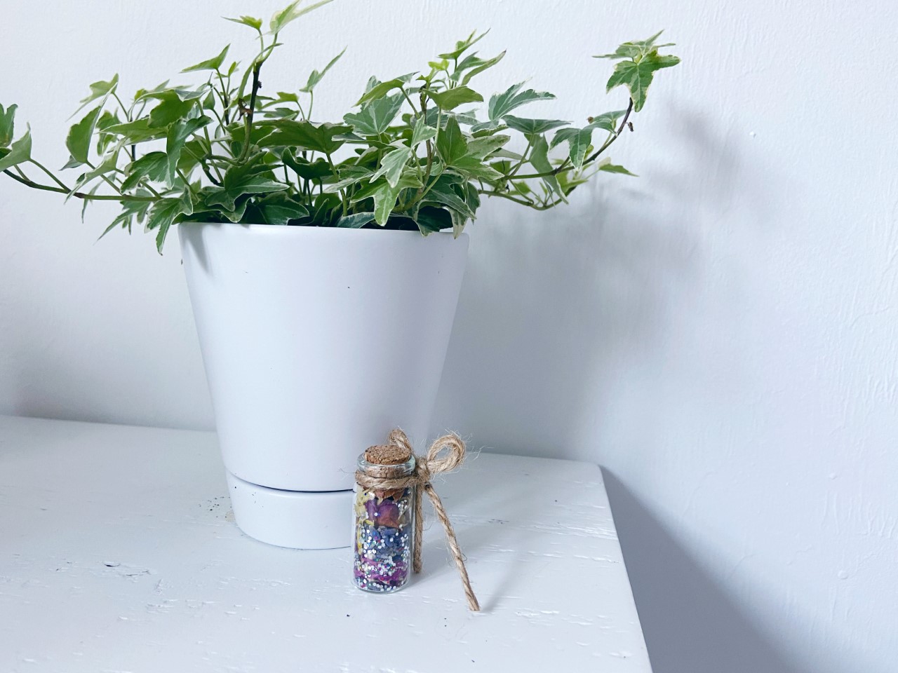 a tiny bottle of dried flowers and glitter sits on a white shelf with a potted plant