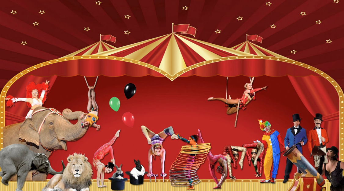 Red and white circus tent with various performers and animals