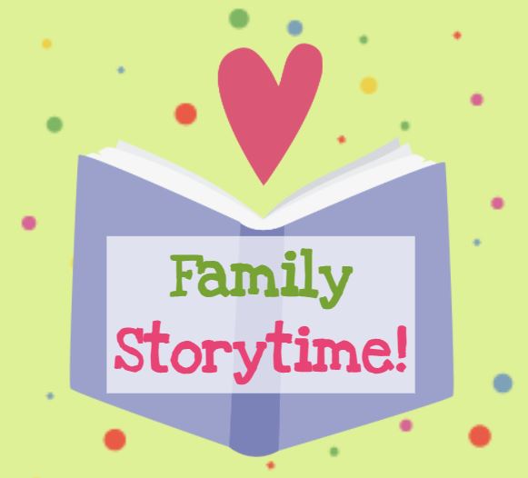 Family Storytime Logo: Book with heart and dots