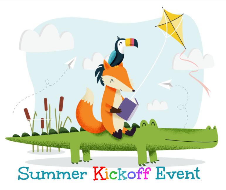 Alligator, reading fox, and toucan in child-friendly summer scene