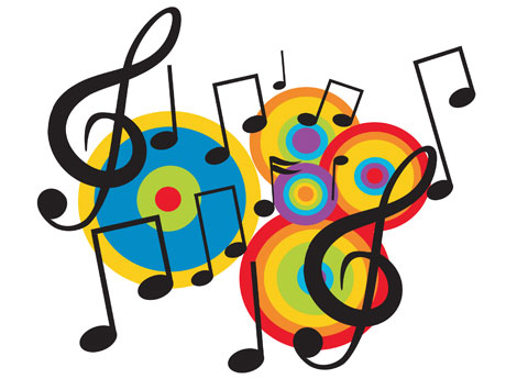Musical notes and clefs with colorful circles
