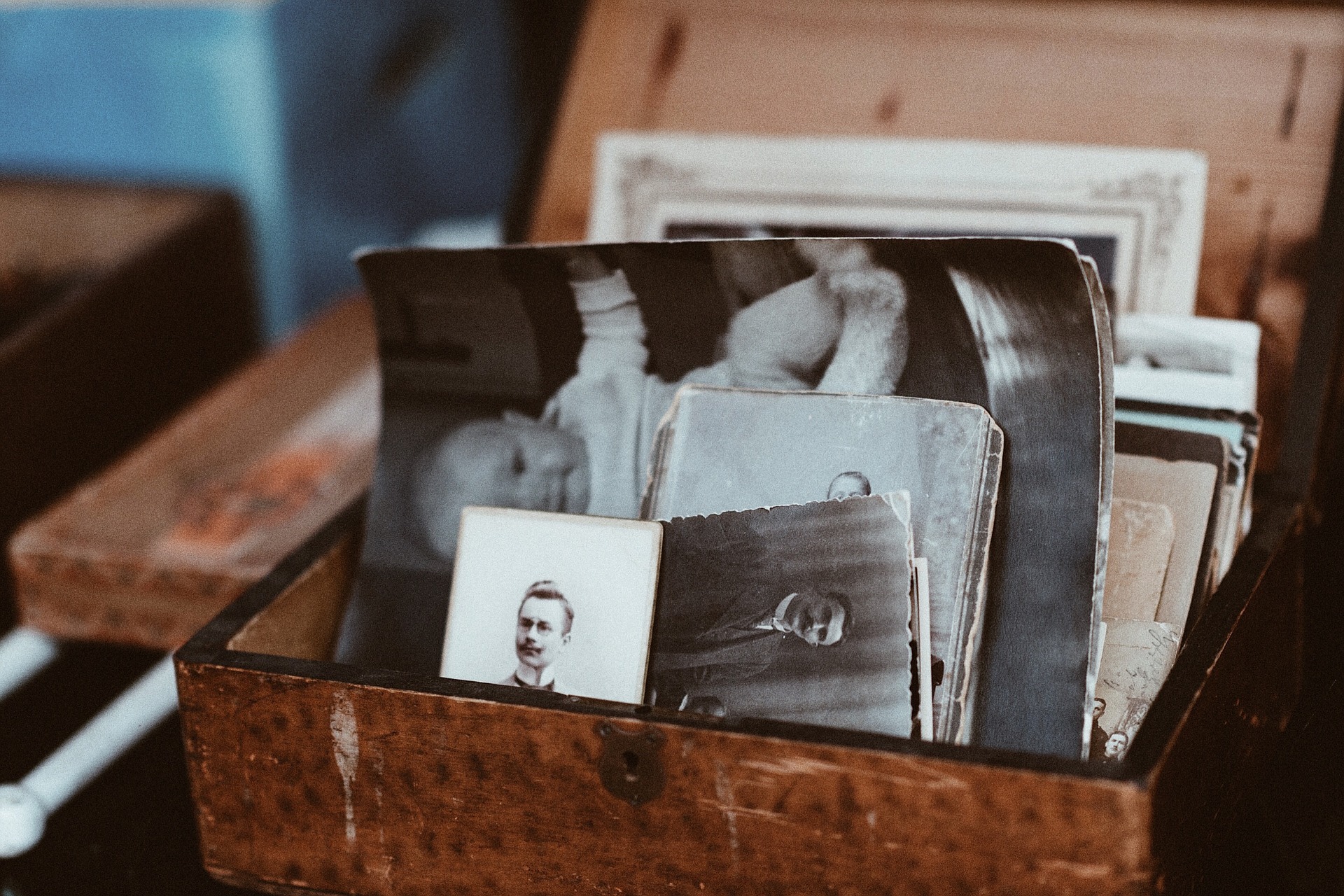 antique box with photographs