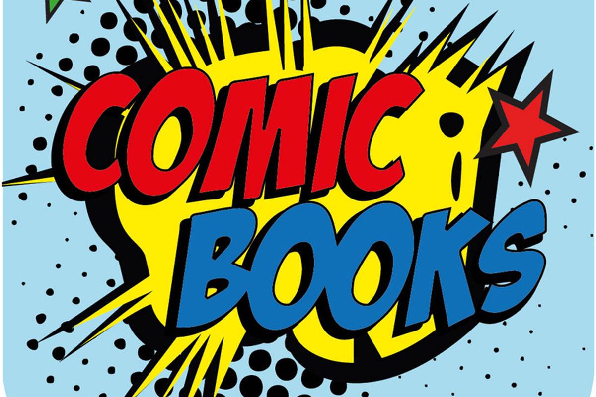 The words Comic Books written on a yellow and blue background.