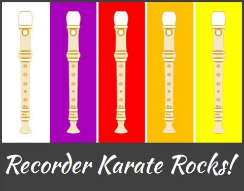 Recorders on colored striped background. Text that reads "Recorder Karate Rocks."