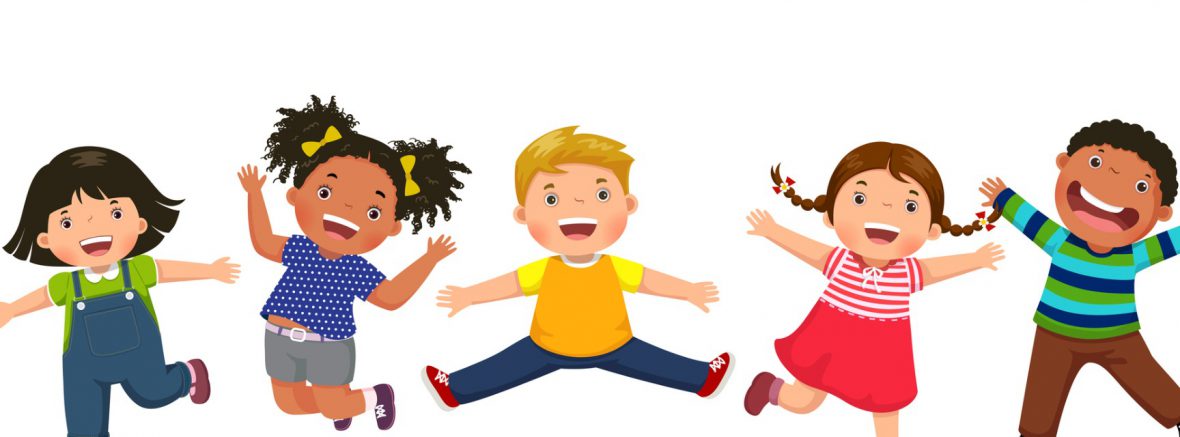 Cartoon picture of five happy children jumping.