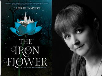 Book cover: the Iron Flower with photo of the author Laurie Forest