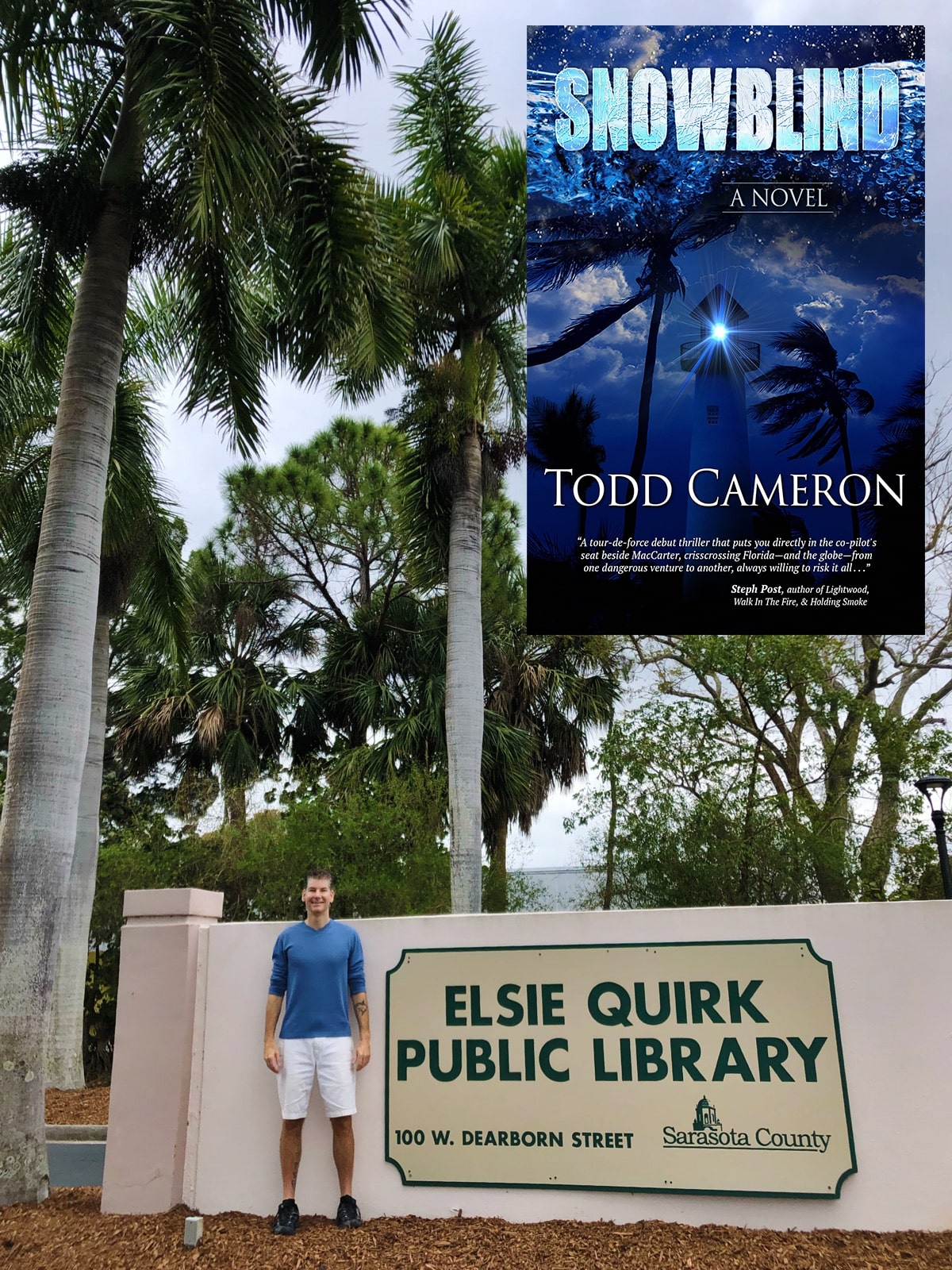Todd Cameron in front of Elsie Quirk Library and cover of novel "Snowblind"