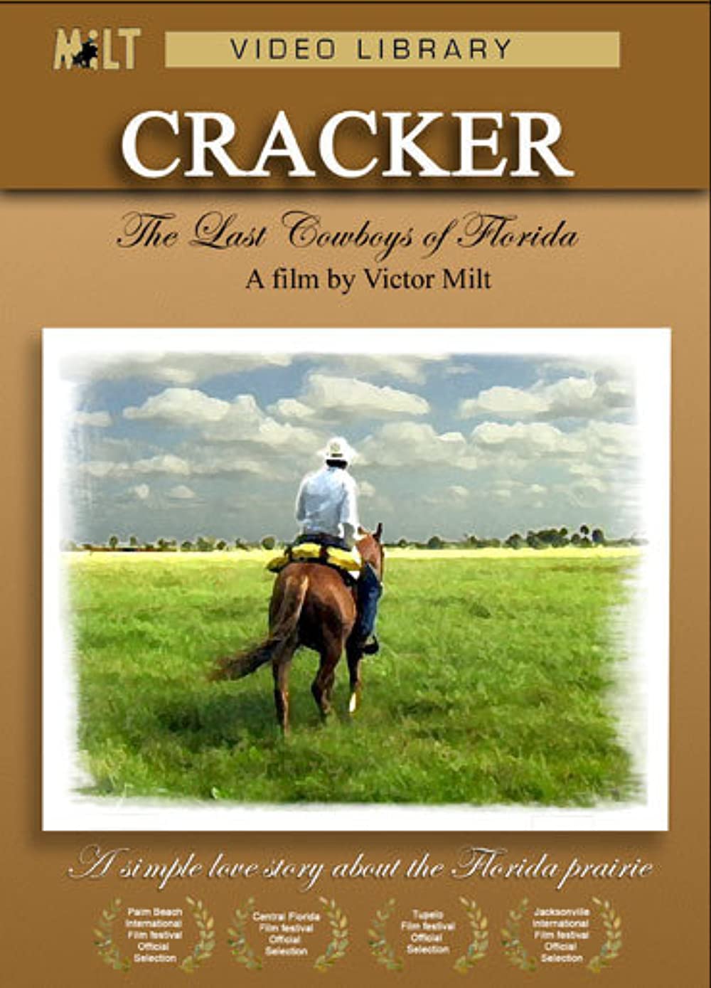 Title of movie with watercolor painting of a cowboy riding a horse on a grassy field.