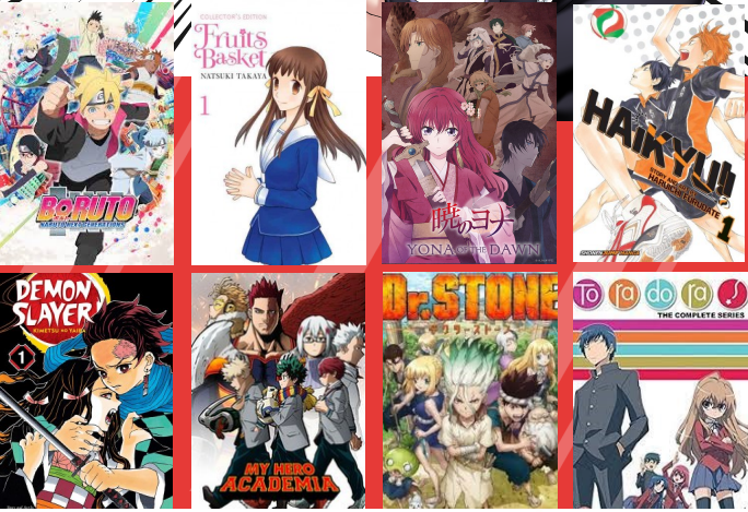 Series of anime covers such as boruto, fruit baskets, yona of the dawn, and so on. 