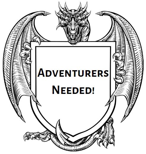 A dragon holding a sign that says "adventurers needed!"