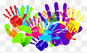 Different sized handprints in bright colors.