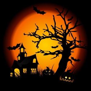 Spooky Halloween Scene with tree, pumpkin, bats and creepy house