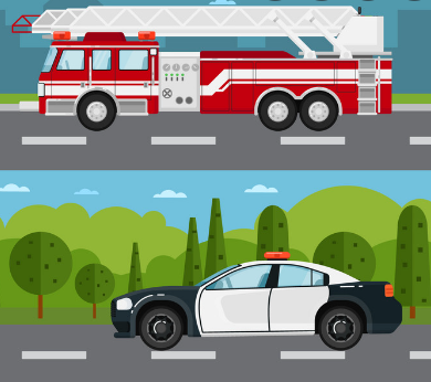 ladder truck and police car