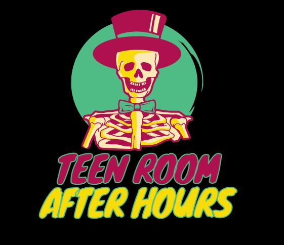 A skeleton with a jaunty hat advertising the Teen Room After Hours program.