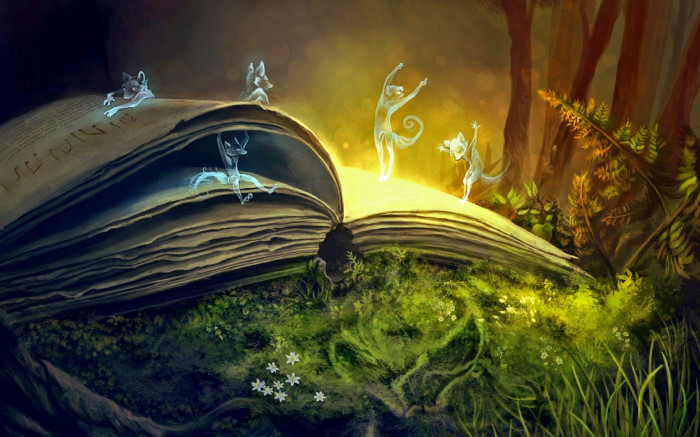 Tiny humanoid animals dancing on a book lying on moss