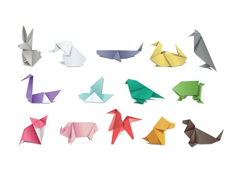 various colors and animals made by folding paper, origami.