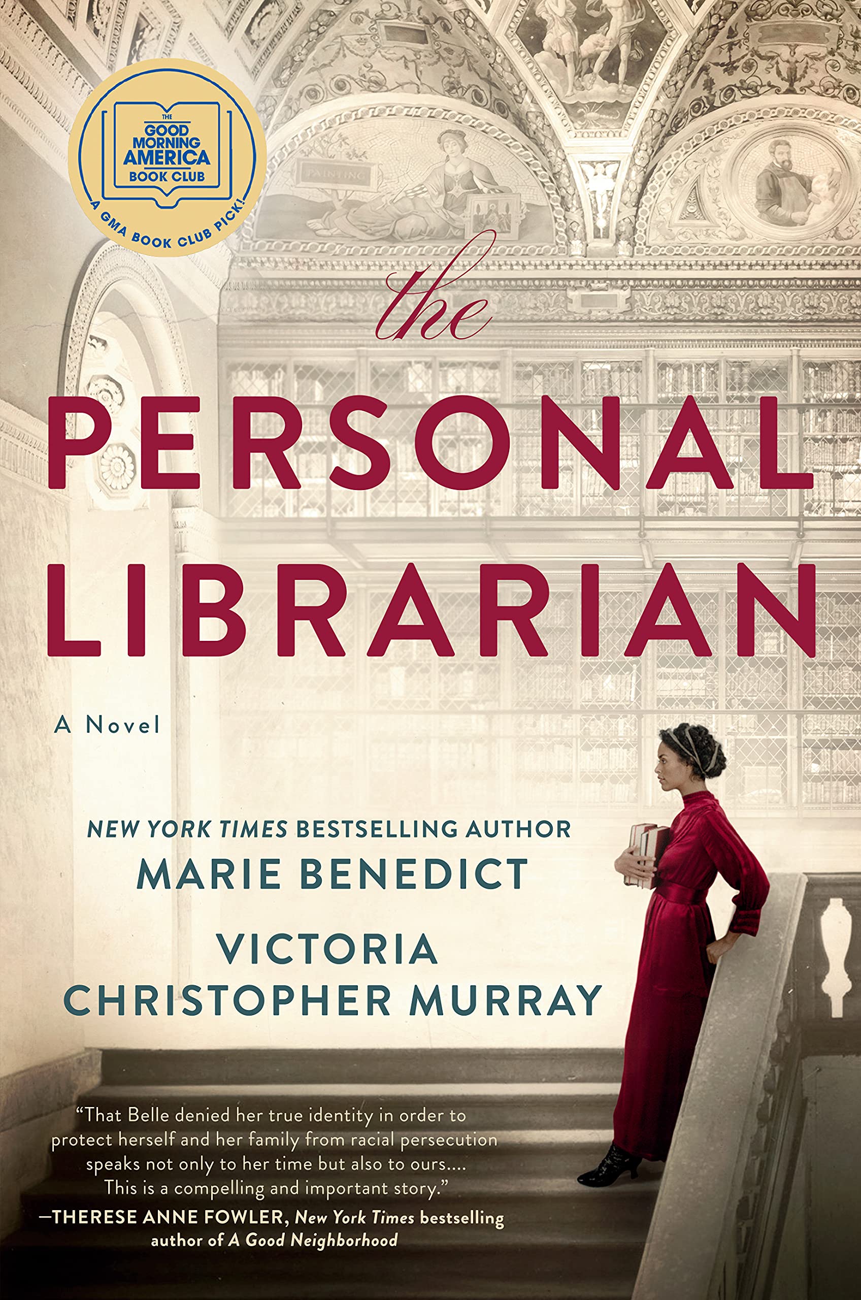 Book cover of The Personal Librarian.  Woman dressed in a long red dress standing on a stairway.