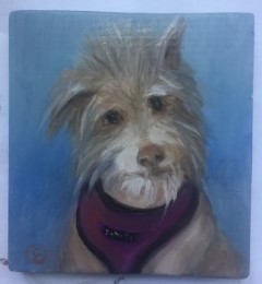 A photo of a painting of a dog by Emilia Farrell.