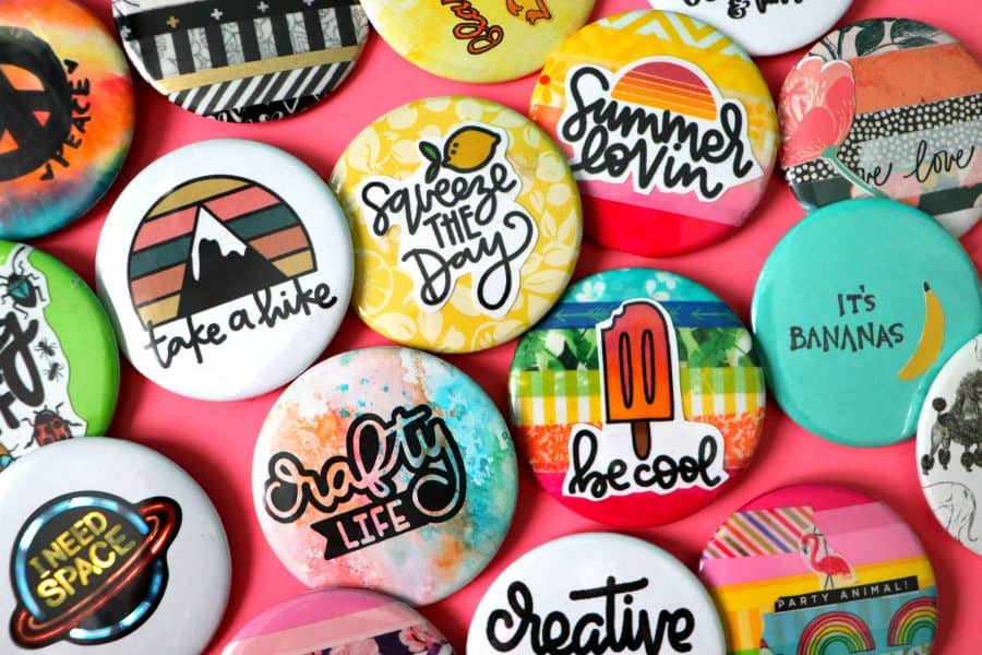 Collage of buttons or pins with various sayings and pictures.