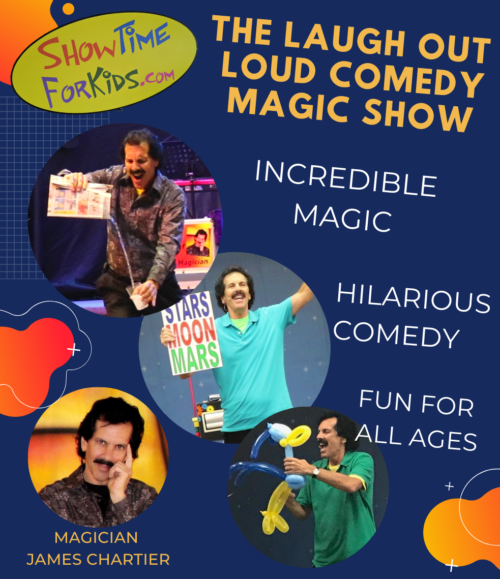 The Laugh Out Loud Comedy Magic Show flyer photos of the magician in various poses.