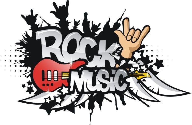 Cartoon picture an electric guitar with words Rock Music. 