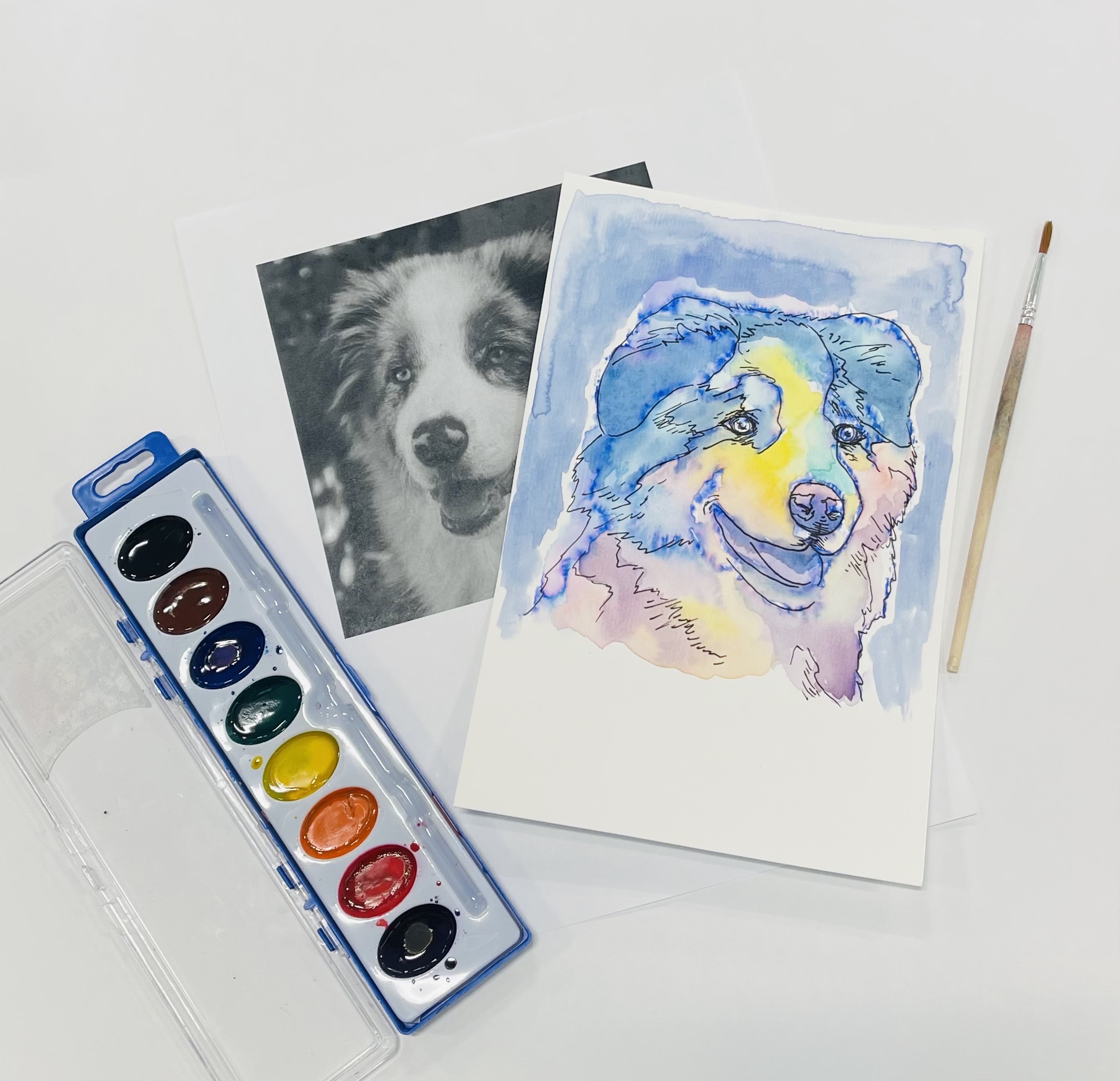 a picture of a pet with a colorful watercolor version laid on top