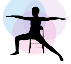 Black silhouette of a person seated in a chair in a yoga pose.