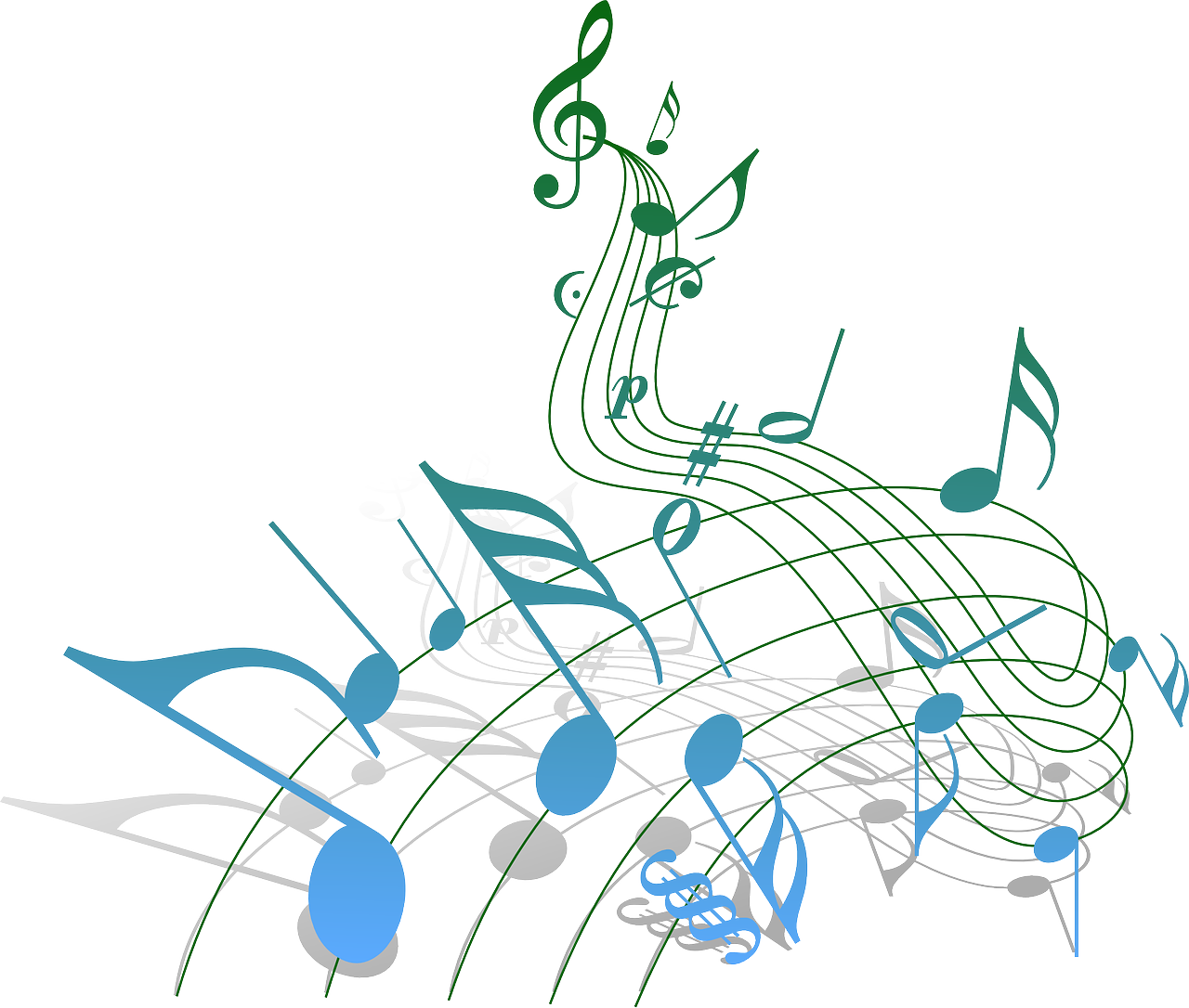 Image of music notes swirling upward. Lowest music notes start blue, ending as green at the top.
