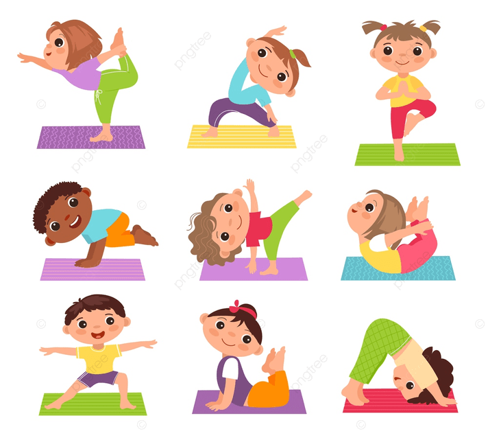 Colorful cartoon picture of children in different yoga poses.