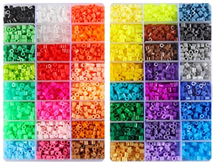 Perler beads organized by color.