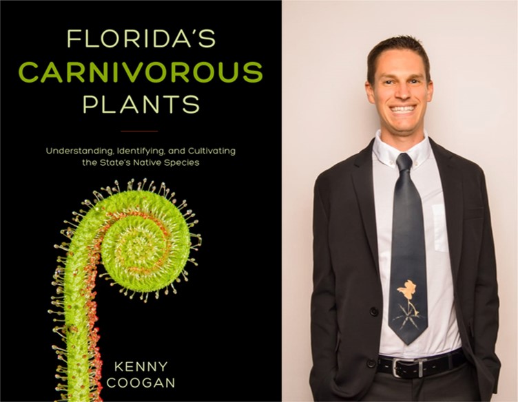 On the left the book cover for "Florida's Carnivorous Plants." On the right a photo of author Kenny Coogan wearing a suit with a tie that has a picture of a carnivorous plant on it.