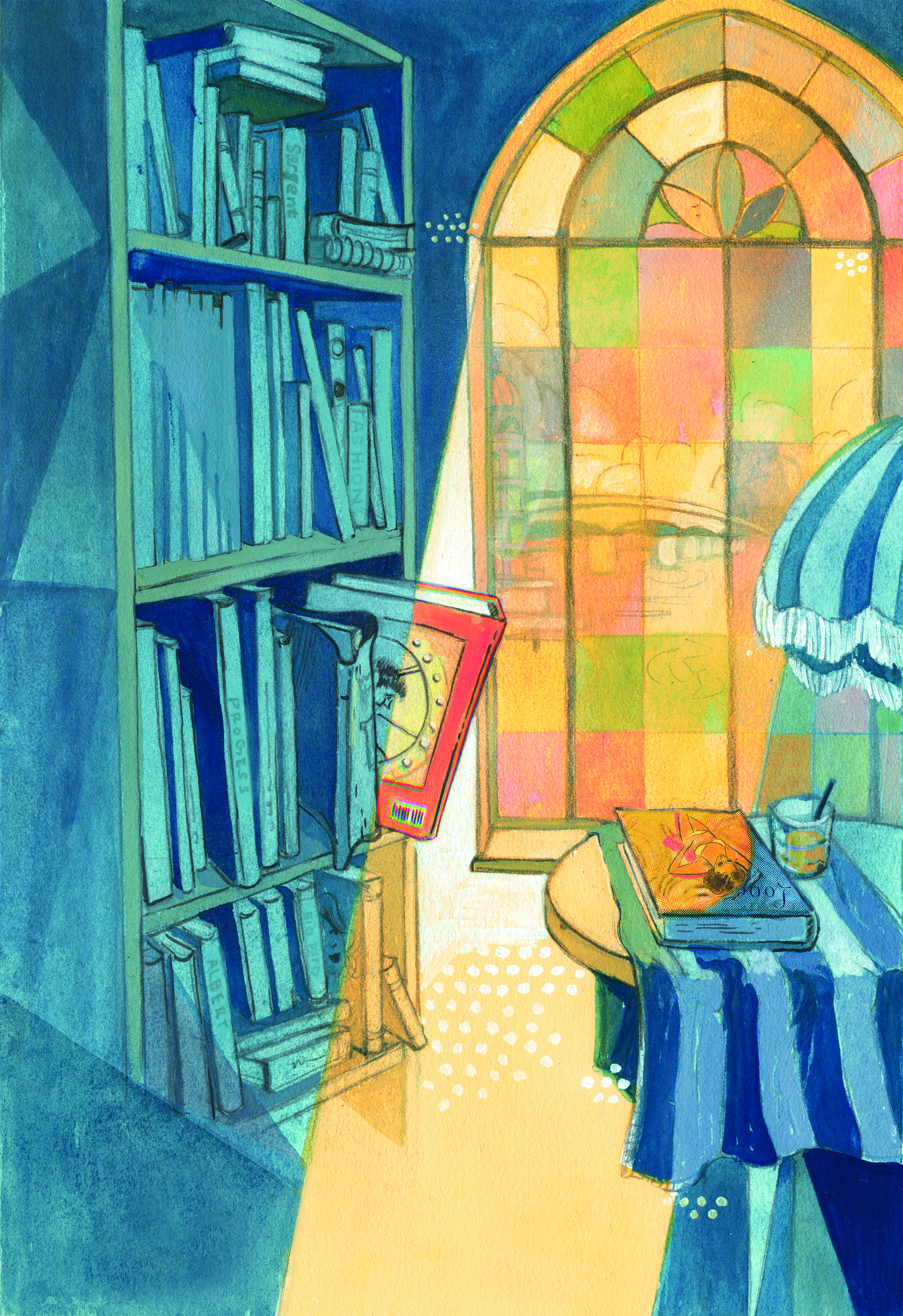 An original illustration by Oliver Dominguez of a ray of sun shining through a stained glass window, into a shadowy library.