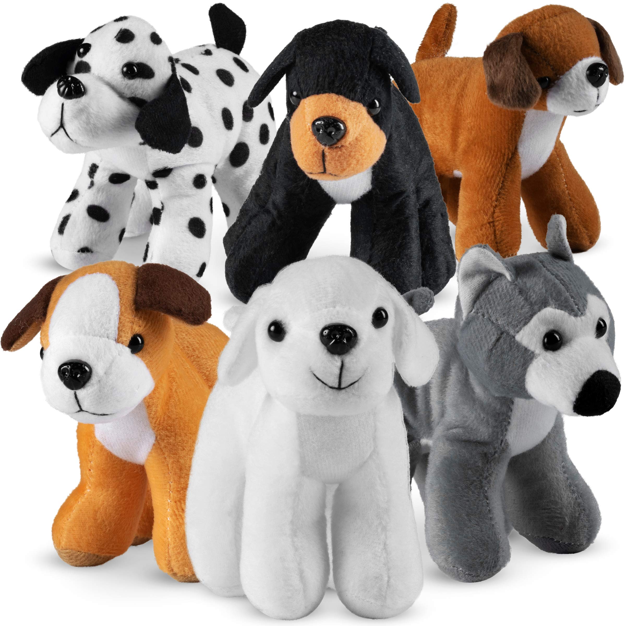 6 stuffed animals - dogs each of a different color and breed.
