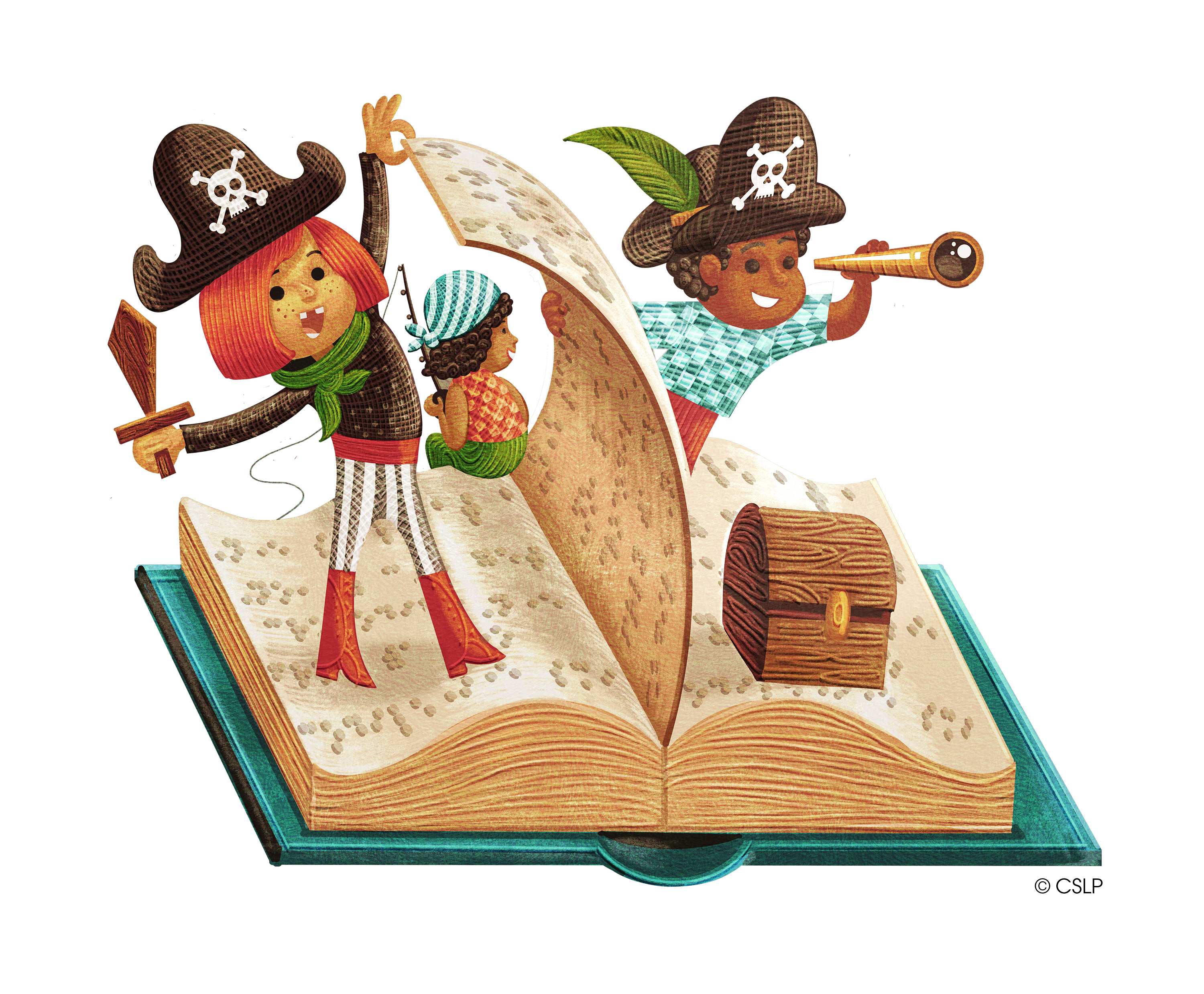 Illustration of two children dressed as pirates standing on an open book.
