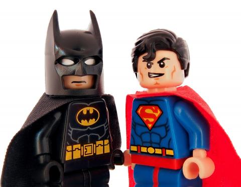 LEGO Batman and Superman looking grim.