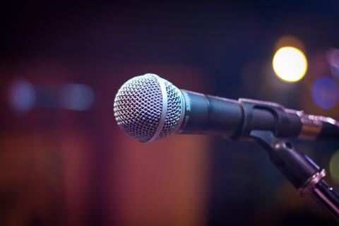 A photo of a microphone on a stand.